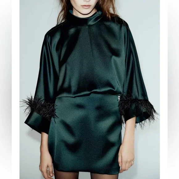 NWT Zara Dark Green Satin Mini Dress with Feather Trim Hunter Green